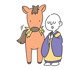 馬とお坊さんのイラスト・馬の耳に念仏