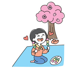 桜の木の前でお団子を食べる女の子のイラスト・花より団子