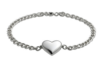 Silver chain bracelet with a heart charm isolated transparent background,Elegant Sterling Silver Heart Locket Bracelet Isolated on White for Jewelry Concepts: Chain Bracelet with Heart Pendant Imagery