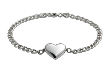 Silver chain bracelet with a heart charm isolated transparent background,Elegant Sterling Silver Heart Locket Bracelet Isolated on White for Jewelry Concepts: Chain Bracelet with Heart Pendant Imagery