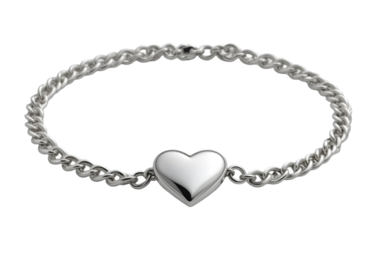 Silver chain bracelet with a heart charm isolated transparent background,Elegant Sterling Silver Heart Locket Bracelet Isolated on White for Jewelry Concepts: Chain Bracelet with Heart Pendant Imagery