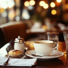 Coffee cup with pastry warm drink and treats still life at cafe restaurant