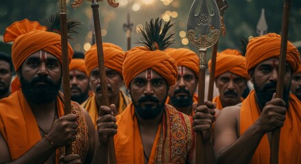 Saffron Robed Men in Religious Procession - A solemn procession, faith, tradition, spirituality, community. Men in saffron robes carry ceremonial spears