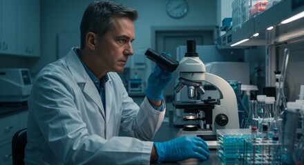 Scientist Examining Sample Under Microscope - A focused scientist meticulously examines a sample under a microscope in a modern laboratory setting. The evokes a sense of scientific discovery and preci