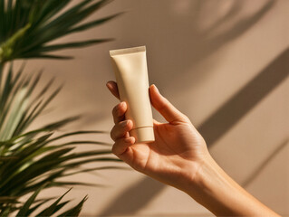 Mano femminile che tiene un mockup di un tubo di crema beige su sfondo neutro con ombre