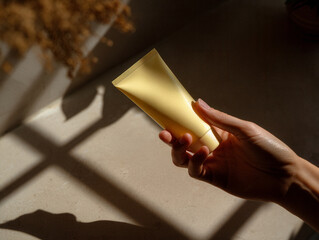 Mano femminile che tiene un mockup di un tubo di crema giallo su sfondo neutro con ombre