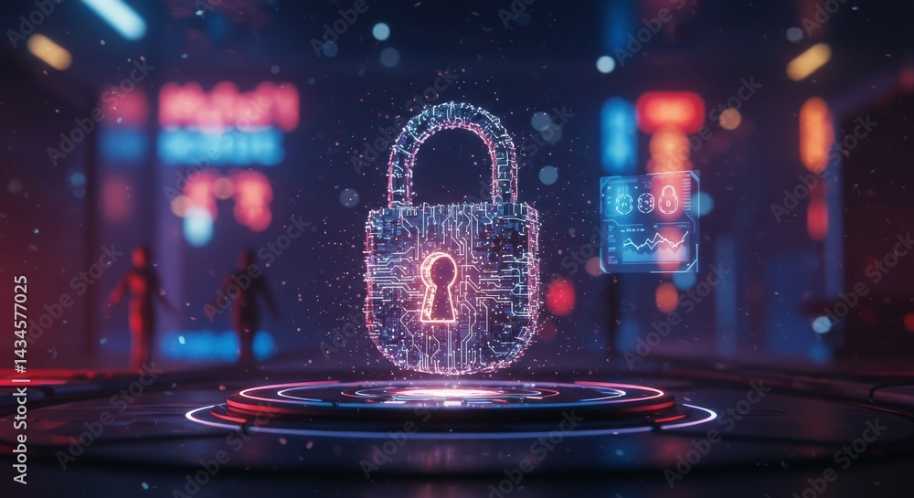 Poster security lock - glowing padlock icon on futuristic platform, representing cybersecurity and data pro