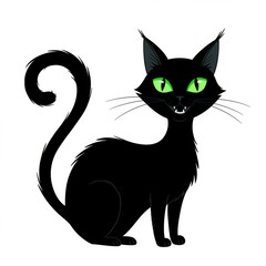 Black Cat with Green Eyes on White Background