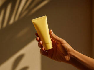 Mano femminile che tiene un mockup di un tubo di crema giallo su sfondo neutro con ombre