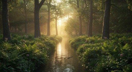 Fototapeta premium Serene Forest Stream at Sunrise - Tranquil forest scene, sunlit stream, lush greenery, peaceful atmosphere, nature's serenity. Symbolizes peace, tranquility, renewal, growth, and harmony