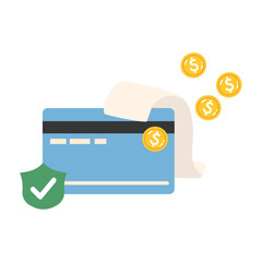 Secure Payment Financial Transaction Credit Card Shield Protection Money Coins Cartoon Style Illustration