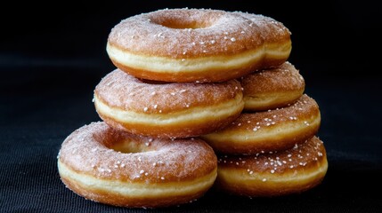 Stacked sugary donuts, a sweet treat display.