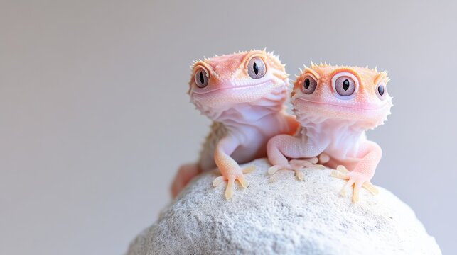 Two adorable baby geckos perched on a rock