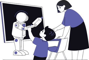 Child Drawing Robot on Blackboard with Teacher Guidance
