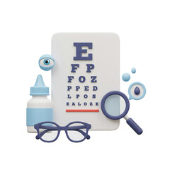 Eye exam chart with glasses, drops, and magnifying glass illustration