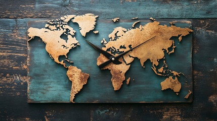 Soothing world map design integrated with clock hands, creating a peaceful atmosphere