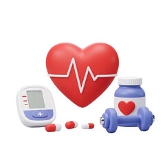Monitoring health with heart pills blood pressure and dumbbell equipment