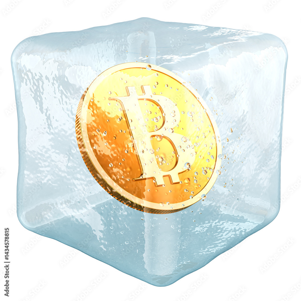 Poster frozen bitcoin, concept. bitcoin in ice cube, 3d rendering isolated on transparent background