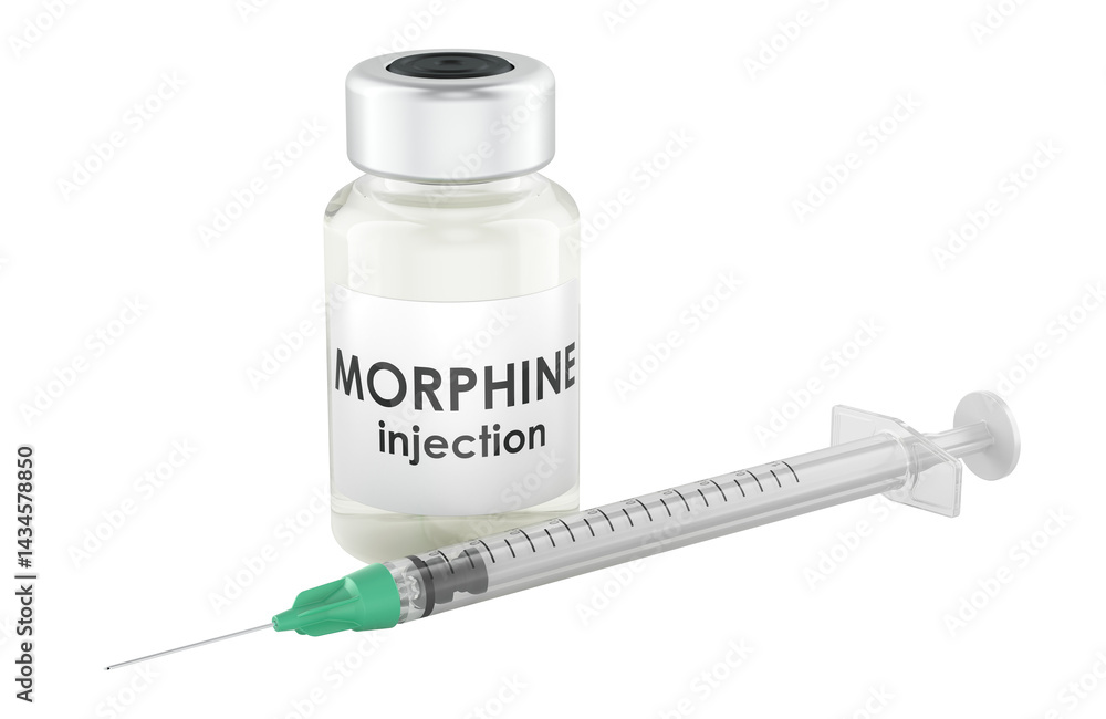 Poster morphine, morphia vial injection and syringe. 3d rendering isolated on transparent background