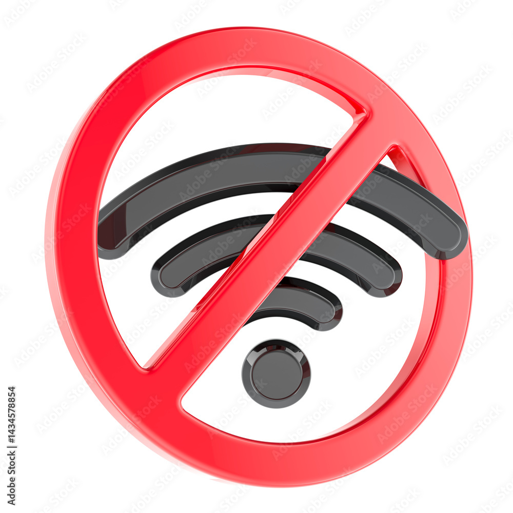 Poster forbidden sign with wi-fi symbol, 3d rendering isolated on transparent background