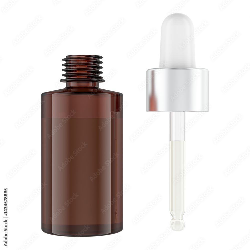 Poster droplet bottle with a dosing pipette full of serum. 3d rendering isolated on transparent background