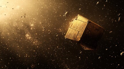 Golden, cube-shaped object adrift in a cosmic dust cloud.