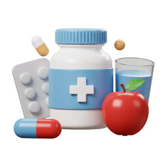 Pill Bottle with Apple, Glass of Water, and Capsules for Wellness
