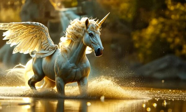 Majestic winged unicorn galloping through a sunlit forest river, with a waterfall in the background