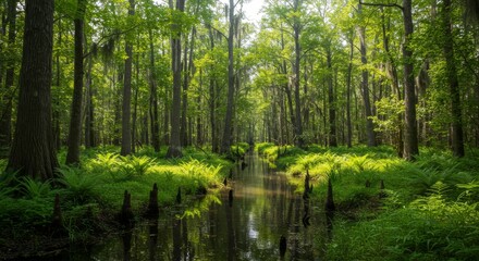 Obraz premium Serene Swamp Canal Landscape - Tranquil swamp scene, lush ferns, calm water, sunlight filtering through trees, peaceful nature. Symbolizing serenity, tranquility, natural beauty, renewal, and growth