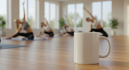 Serene Yoga Studio Mockup with Coffee Mug - Find your inner peace. Yoga, tranquility, mindfulness, relaxation, well-being. Perfect for wellness brands