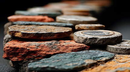 Textured Layers of Weathered Coins and Currency on Dark Background