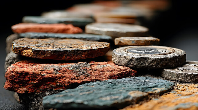 Textured Layers of Weathered Coins and Currency on Dark Background
