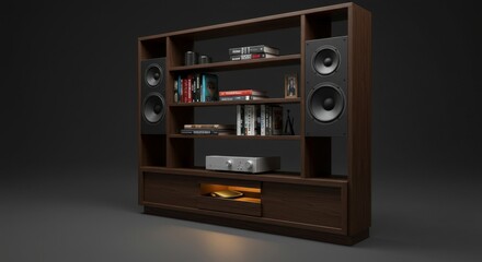 Sleek Audio Bookshelf: Integrated Music and Home Decor - Modern bookshelf design seamlessly integrates high-fidelity audio speakers