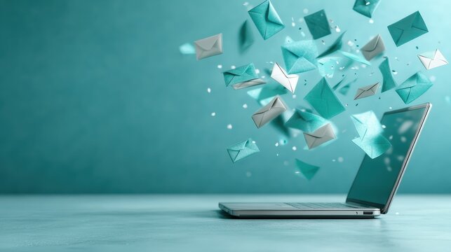 An artistic depiction of a laptop with myriad colorful envelopes springing forth, symbolizing the vibrant world of online messaging and digital interactions.
