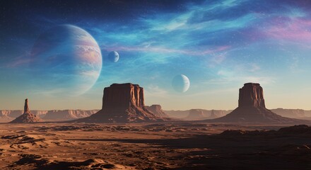 View of the surface of an inhospitable planet, which is located close to other planets