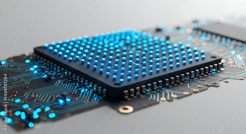 Poster detailed circuit board fragment with blue glowing points of light isolated on white background perfe