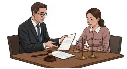 Detailed Illustration of Lawyer Explaining Document to Client at Wooden Table Featuring Gavel and Scales of Justice Isolated on White Background
