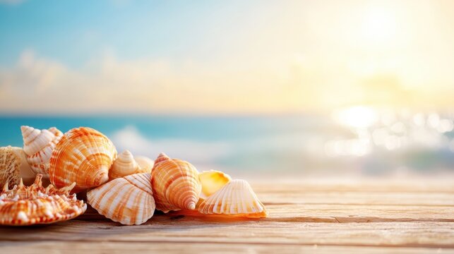 A collection of seashells resting on a rustic wooden plank with golden sunlight illuminating the ocean in the background, symbolizing tranquility and a connection to nature.