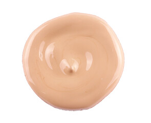 Beige liquid makeup foundation shade, concealer smear smudge drop isolated on white background