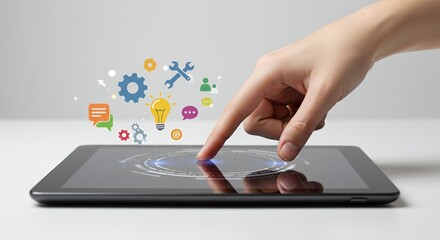 Finger Touching a Digital Tablet Displaying Tech Icons like Gear Wrench and Lightbulb Surrounded by Chat Bubbles Isolated on White Background