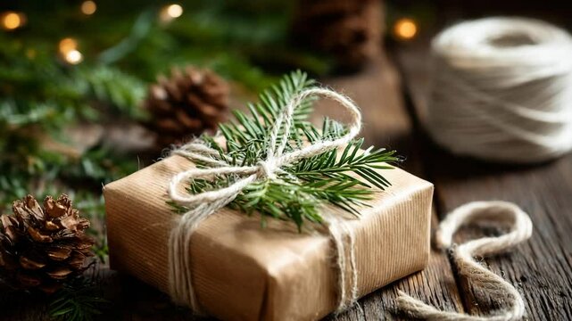 Closeup of wrapped gift box with natural string and evergreen sprigs on wooden surface with pine cones and yarn