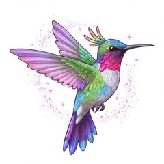 Fototapeta premium Vibrant Rainbow Hummingbird in Flight with Pink Sparkles