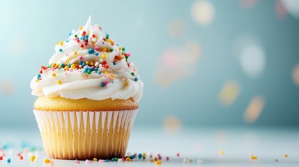 A whimsical cupcake with a generous swirl of creamy frosting, adorned with colorful sprinkles, evokes joy and delight, perfect for any festive celebration or treat.