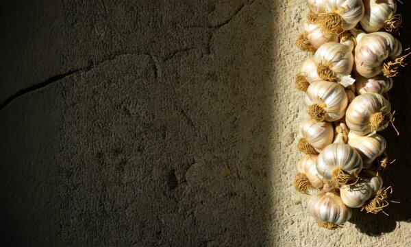 Bunch of garlic hanging on textured wall, in sunlight