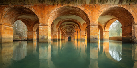 Bridge arches create beautiful summer reflections on calm water in scenic location
