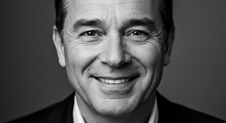 Fototapeta premium Successful Businessman Portrait - Black and white headshot of a smiling middle-aged man in a suit, conveying confidence and success