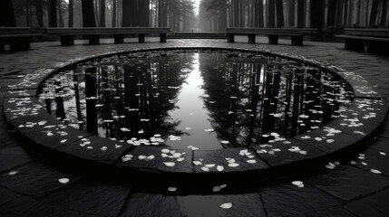 Tranquil Reflection Pond Surrounded by Trees in Black and White