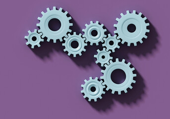 Many connecting gear cogs of different sizes isolated on purple background; flat lay, close up, top view, copy space; 3d rendering, 3d illustration