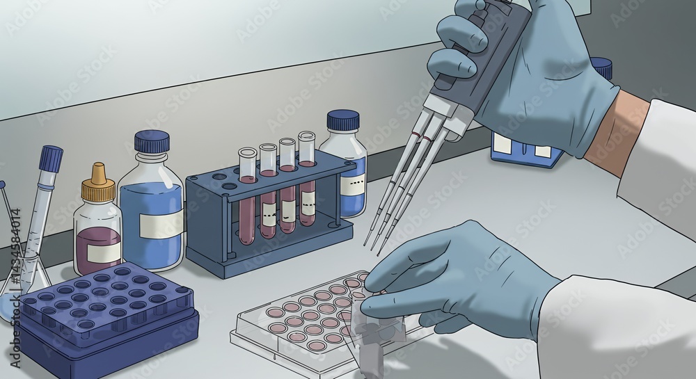 Poster illustration of gloved hands using multichannel pipette filling well plate test tubes and reagent bo