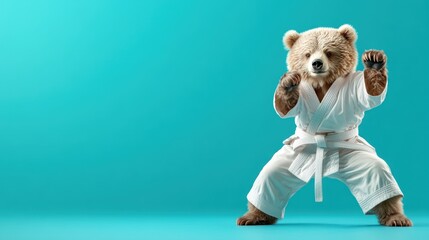 A fierce-looking bear in a white karate gi strikes a martial arts pose, showcasing its strength and determination in a vibrant turquoise background relevant to athletic prowess.